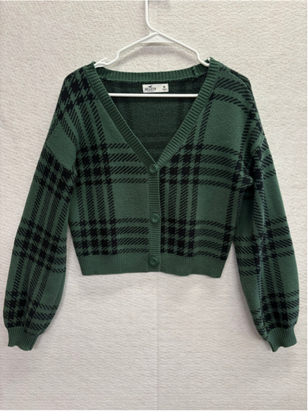 Hollister Green Plaid Cropped Cardigan Sweater Button Up Knit Womens Size M